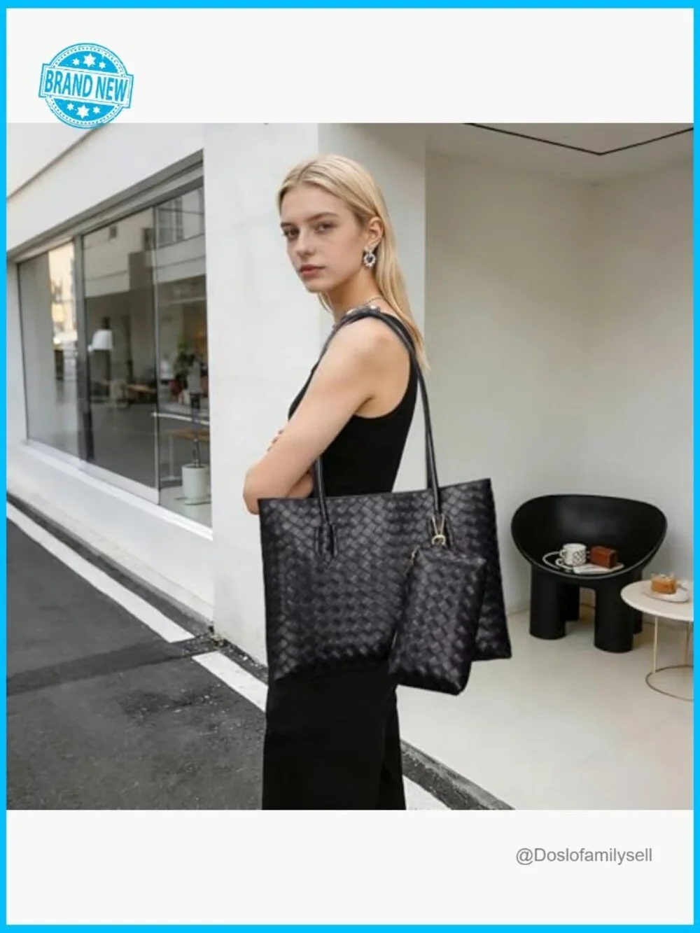 Woven Tote Bag with Zipper & Matching Pouch, Vegan Leather Weekender, Large